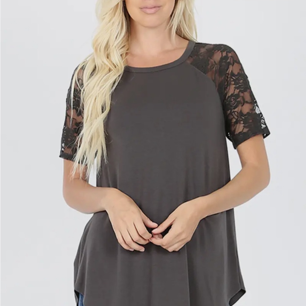 Elle Plus Lace Detail Short Sleeve
Round Neck & Hem Grey Top